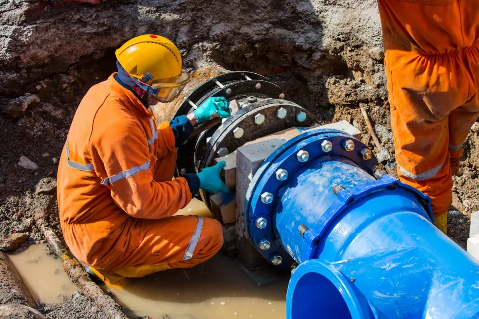 Worker in orange suit and hard hat working on large blue water pipe in ground.